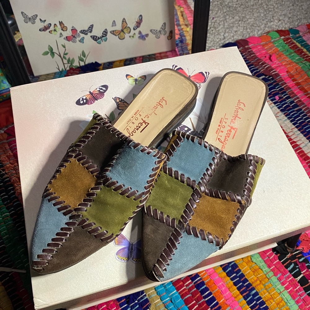 Salvatore Ferragamo Suede Patchwork Mules